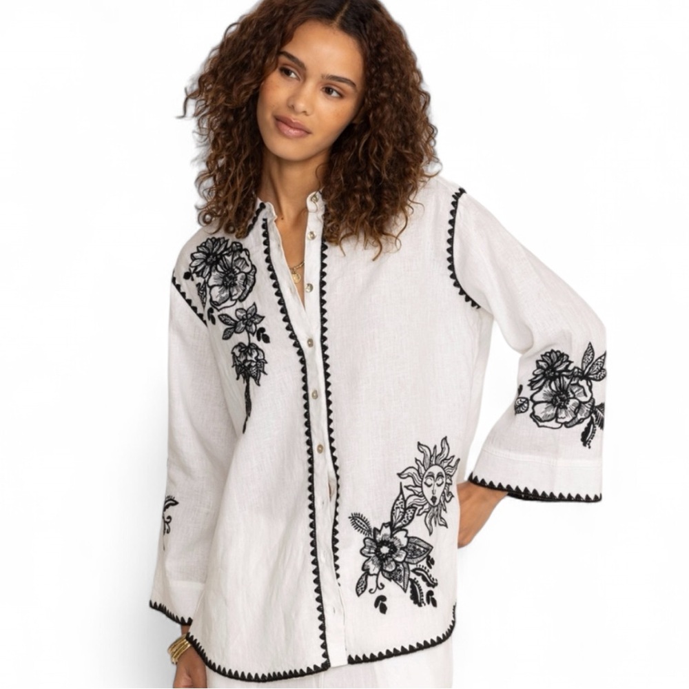 Johnny Was White Button-Down Shirt with Black Floral Embroidery